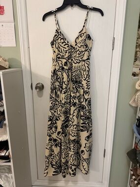 Beige and Black Floral Maxi Dress - Sleeveless V-Neck